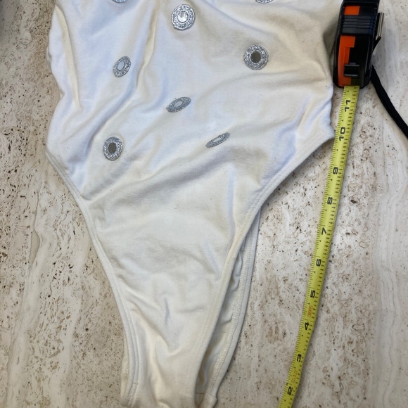 Off-White One Piece Bathing Suit With Round Reflective Embellishments on Front - Picture 6 of 6